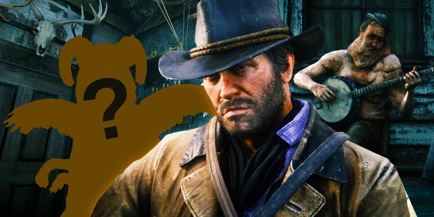 Arthur Morgan from Red Dead Redemption 2 looking absolutely disgusted with the silhouette of the man-made mutant.