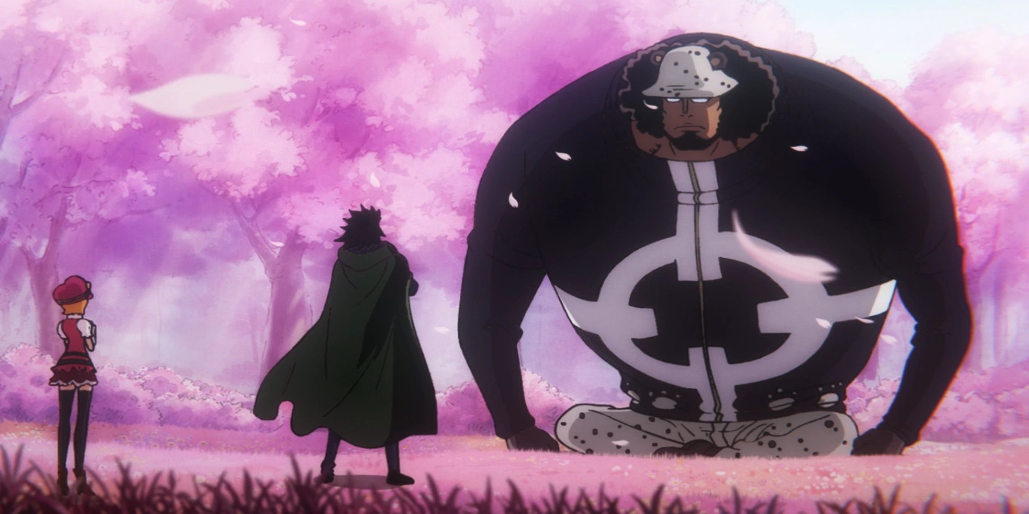 Kuma on his knees in front of Dragon and Koala in episode 1088 at Kamabakka kingdom surrounded by cherry blossom trees