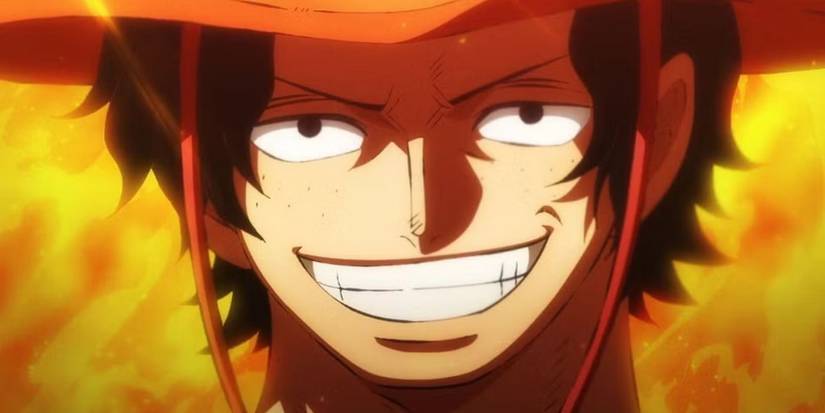 Portgas D. Ace smiles confidently engulfed in flames in One Piece​​​​​​​.
