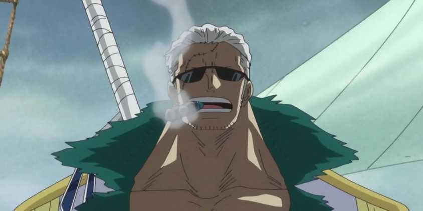 Smoker looks powerful as he speaks to his subordinates aboard the Marine base in One Piece