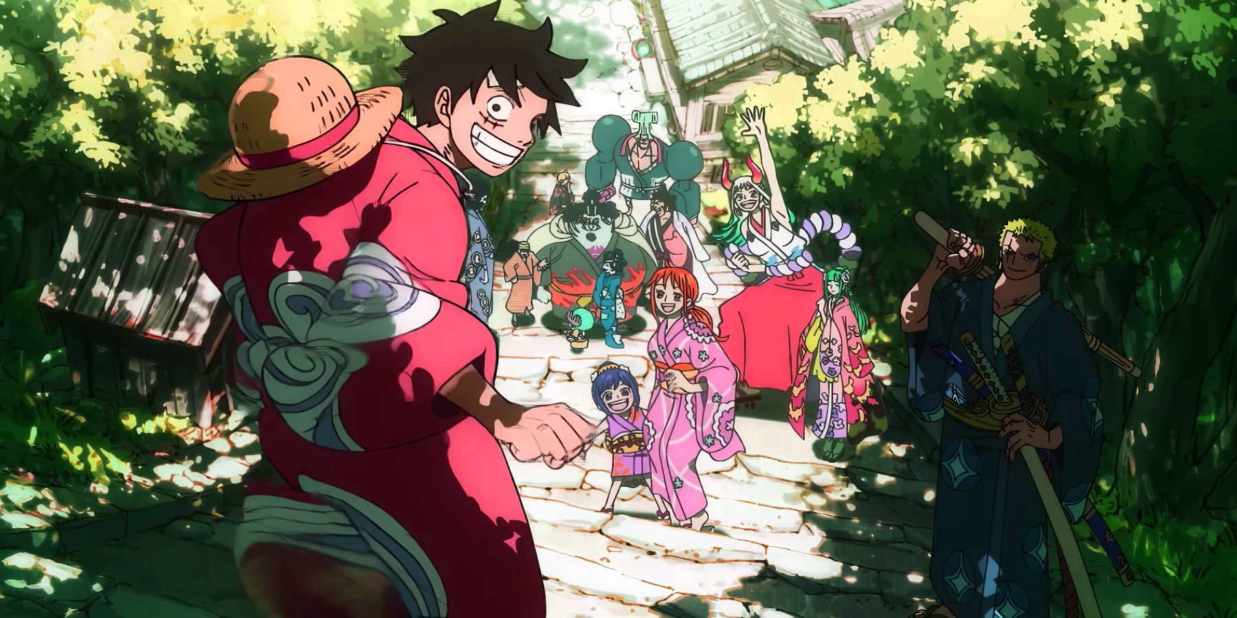 Screenshot from One Piece opening 25 shows Luffy with some of his crew and Wano characters walking down some outside stairs.