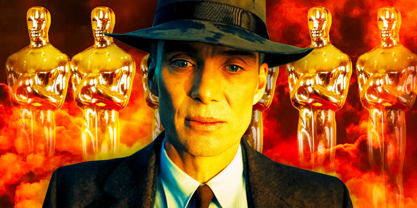Cillian Murphy as J. Robert Oppenheimer in front of a line of Academy Awards