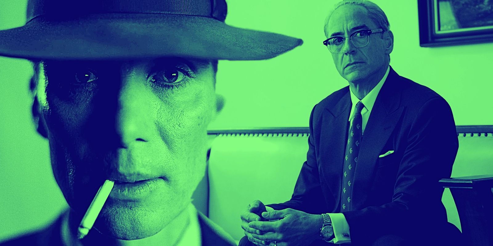 This collage shows Oppenheimer smoking and looking at the camera while Strauss sits on a chair looking slightly off to the side in Oppenheimer.