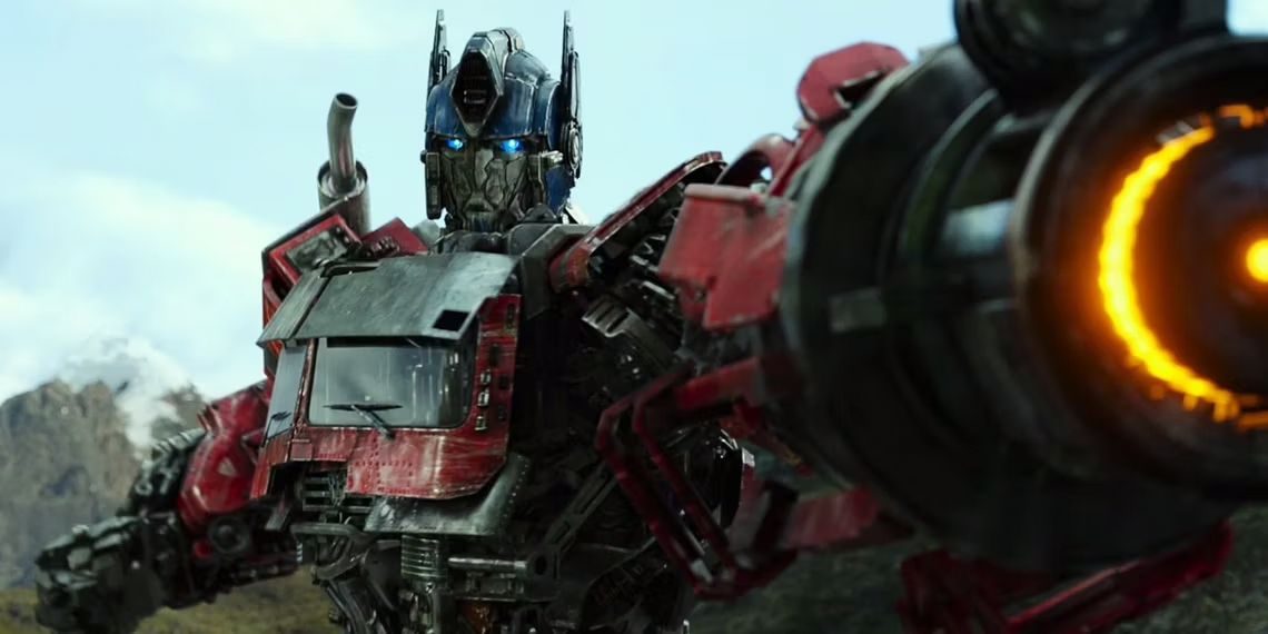 Optimus Prime aims his massive gun in Transformers: Rise of the Beasts