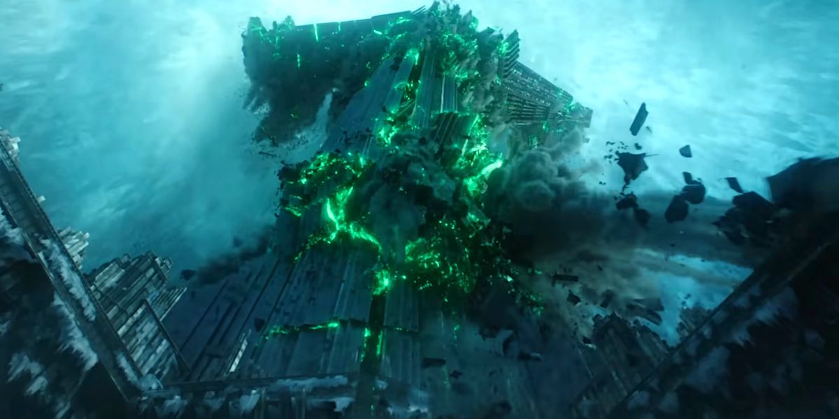 Orichalcum explosion takes out a building in Aquaman and the Lost Kingdom