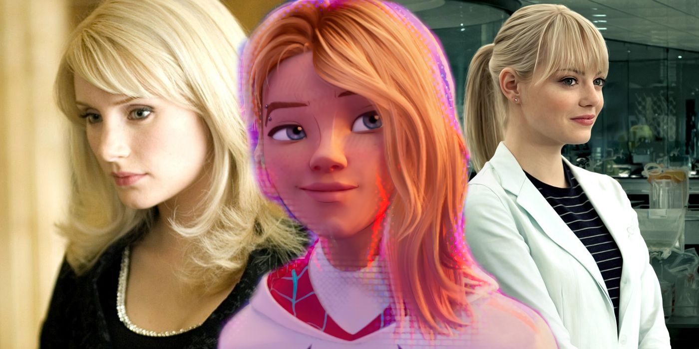 A split image featuring Gwen Stacy from the Spider-Verse movies, Bryce Dallas Howard's Gwen from Spider-Man 3 and Emma Stone's Gwen From The Amazing Spider-Man