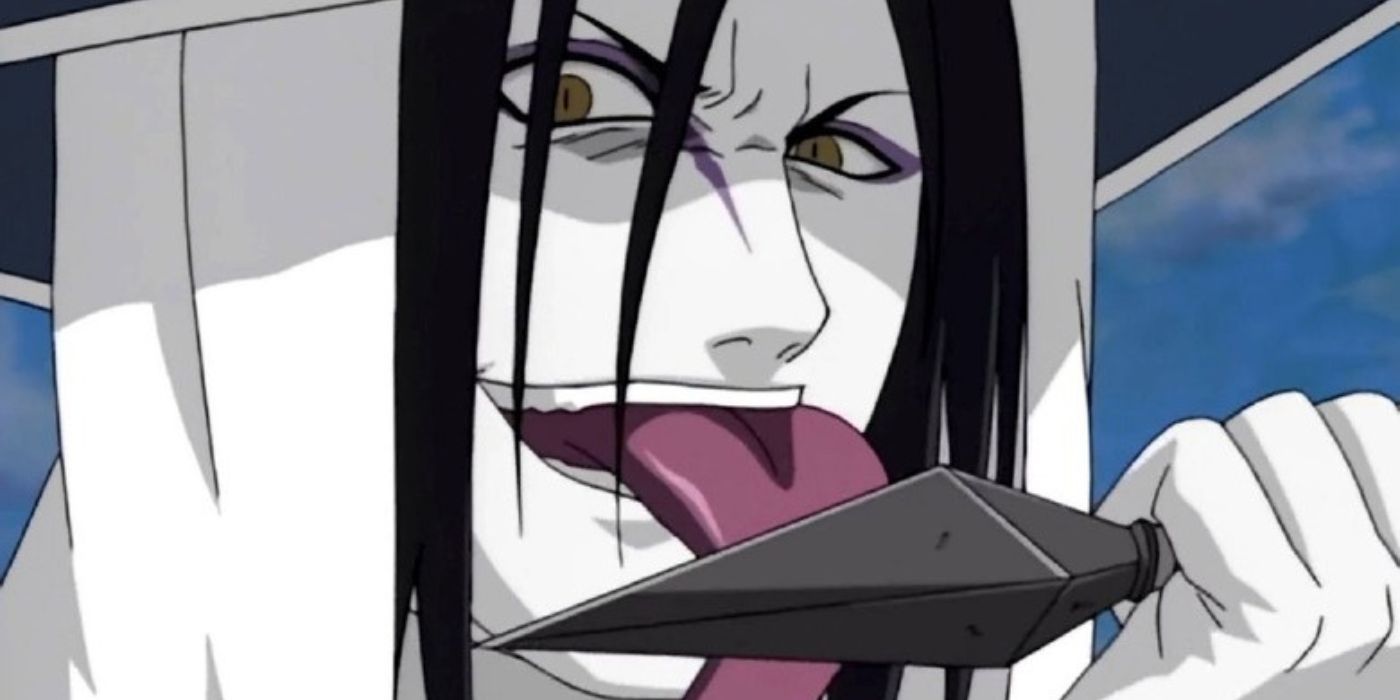 Orochimaru licks his kunai while glaring at an off-screen opponent in Naruto