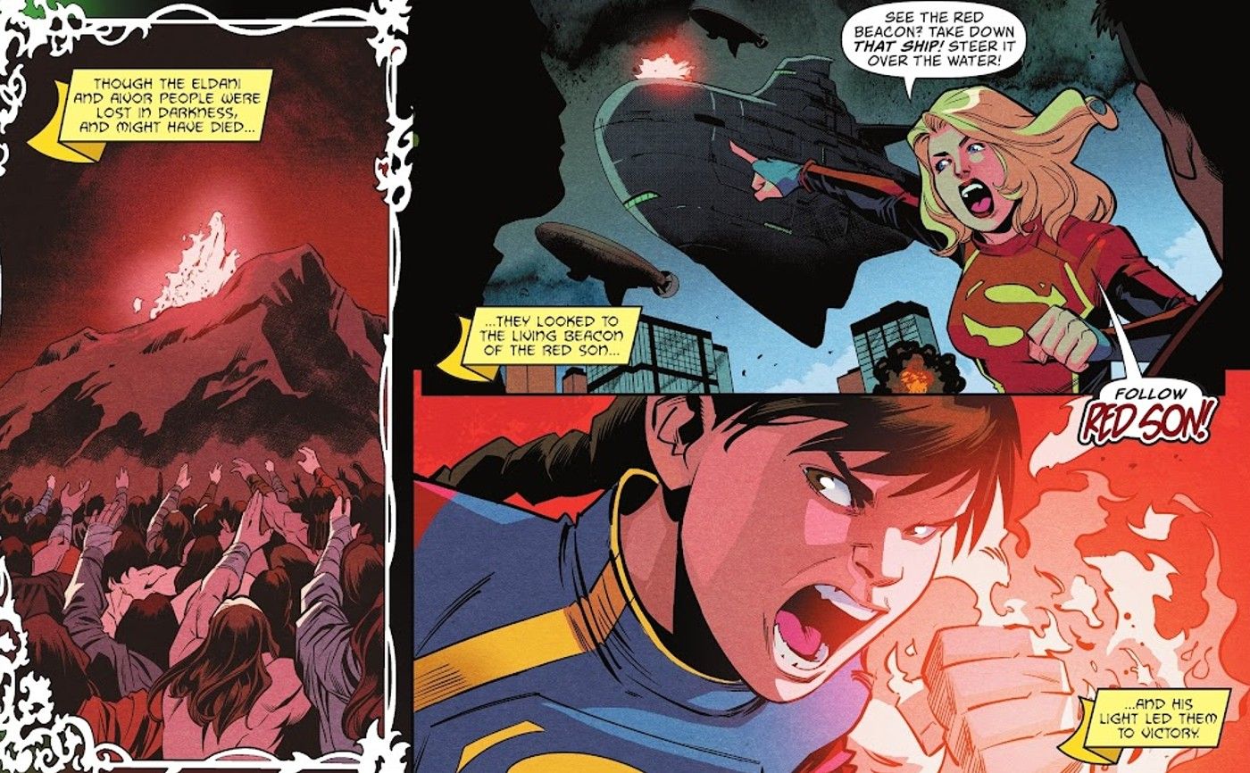 Comic book panels: Supergirl tells the Superman Family to follow a young superhero now called Red Son.