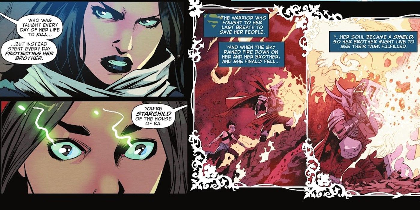 Comic book panels: A close up of two women as Superman tells an ancient Kryptonian story.