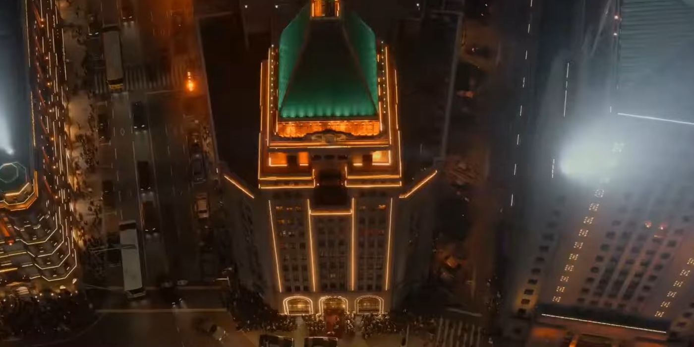 Overhead shot of a lit up giant building in Blossoms Shanghai.