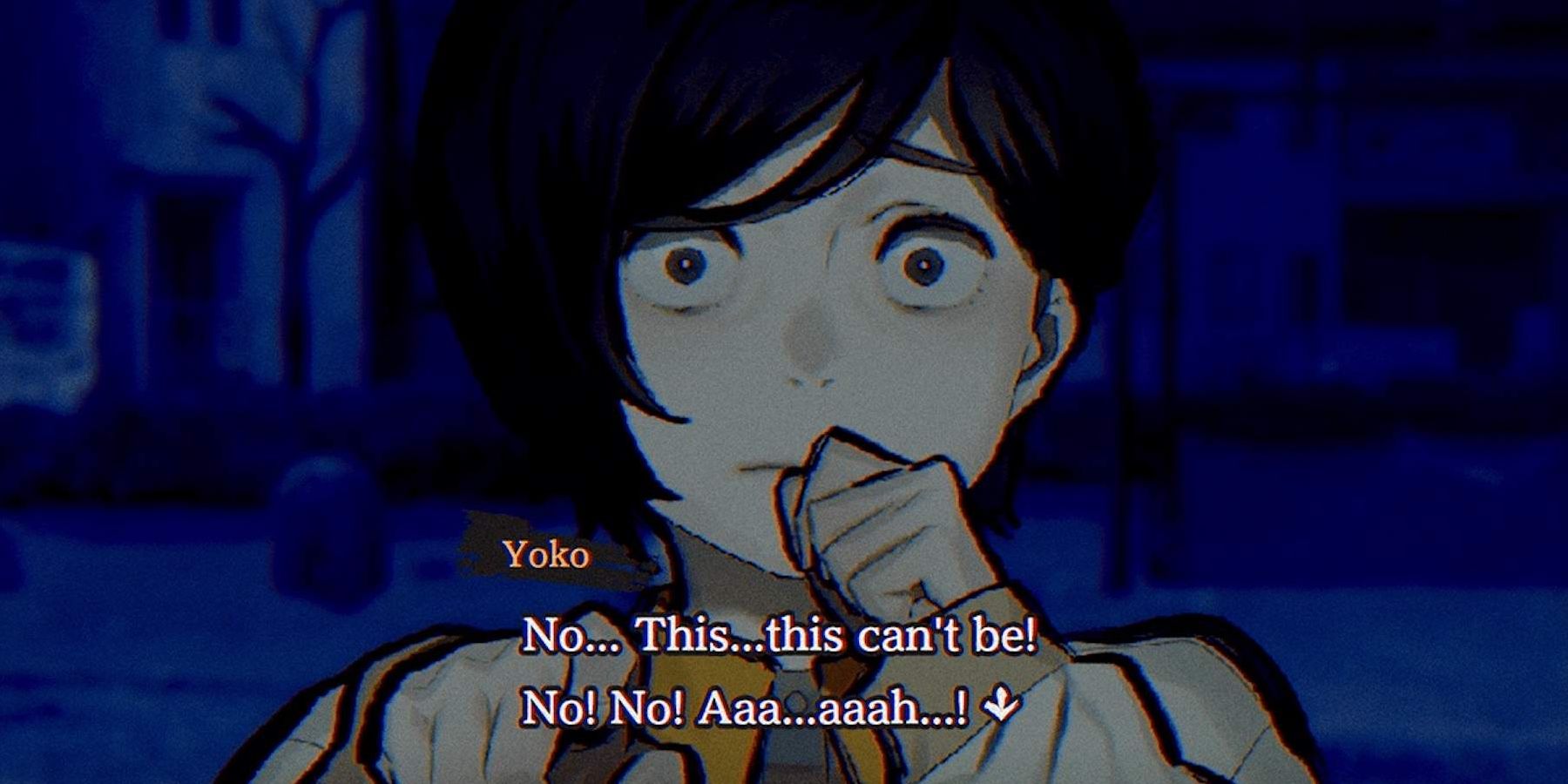 Yoko, a dark-haired girl, holds a fist to her mouth in fright in a screenshot from Paranormasight. Her dialogue reads, “No…This…this can’t be! No! No! Aaa…aaah…!"