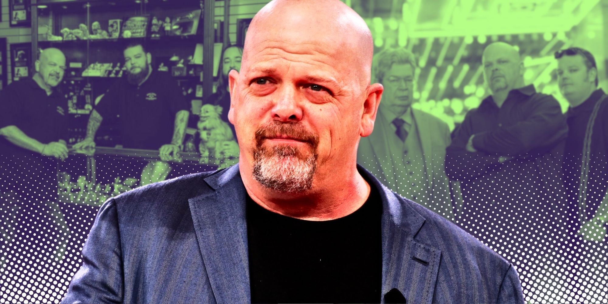 Pawn Stars Rick Harrison with pained expression wearing a grey blazer and black t-shirt outfit with faded photos of the show's promo behind him