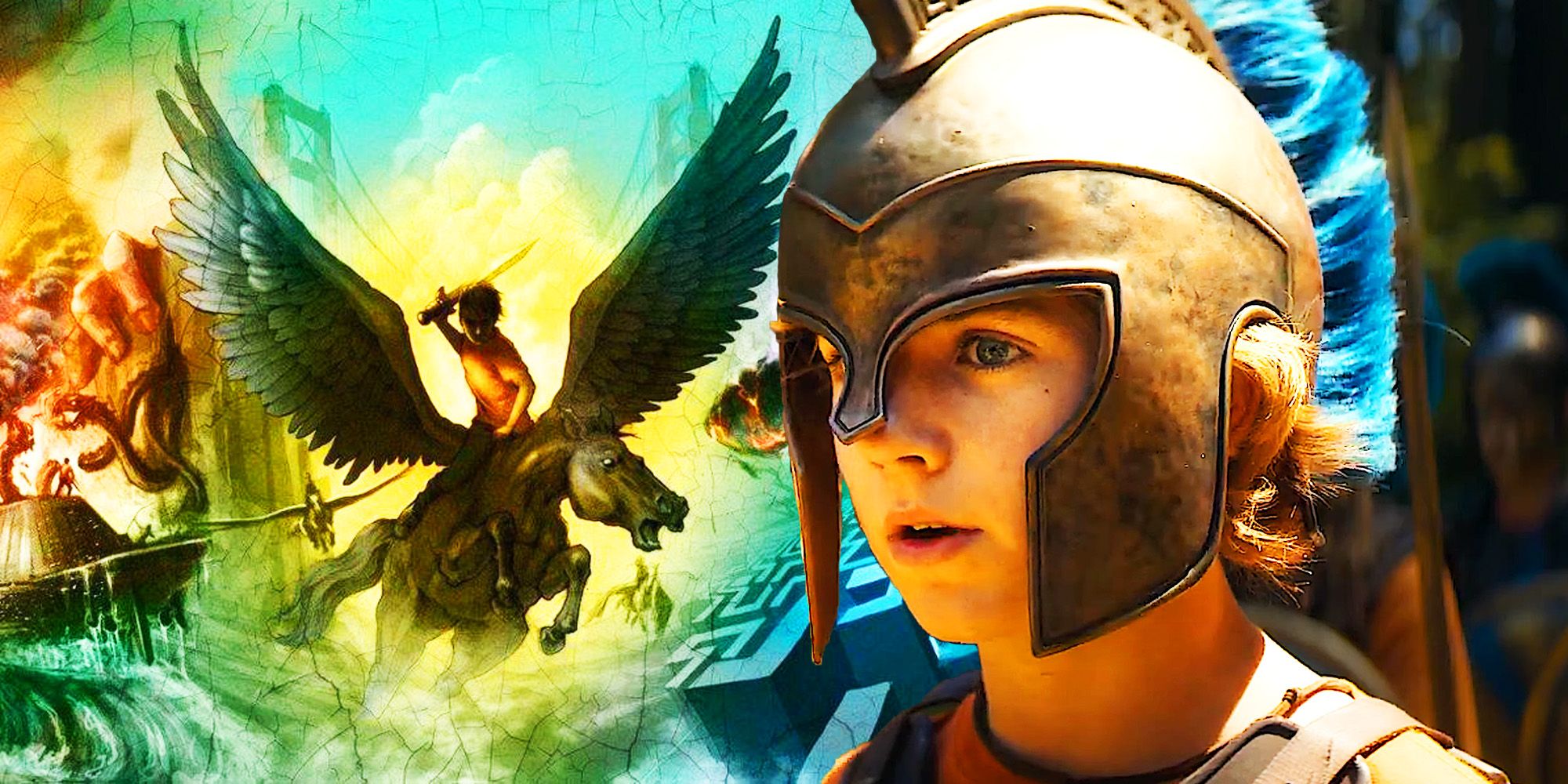 Percy Jackson & the Olympians book cover and Walker Scobell wearing a helmet as Percy Jackson in the Disney+ show