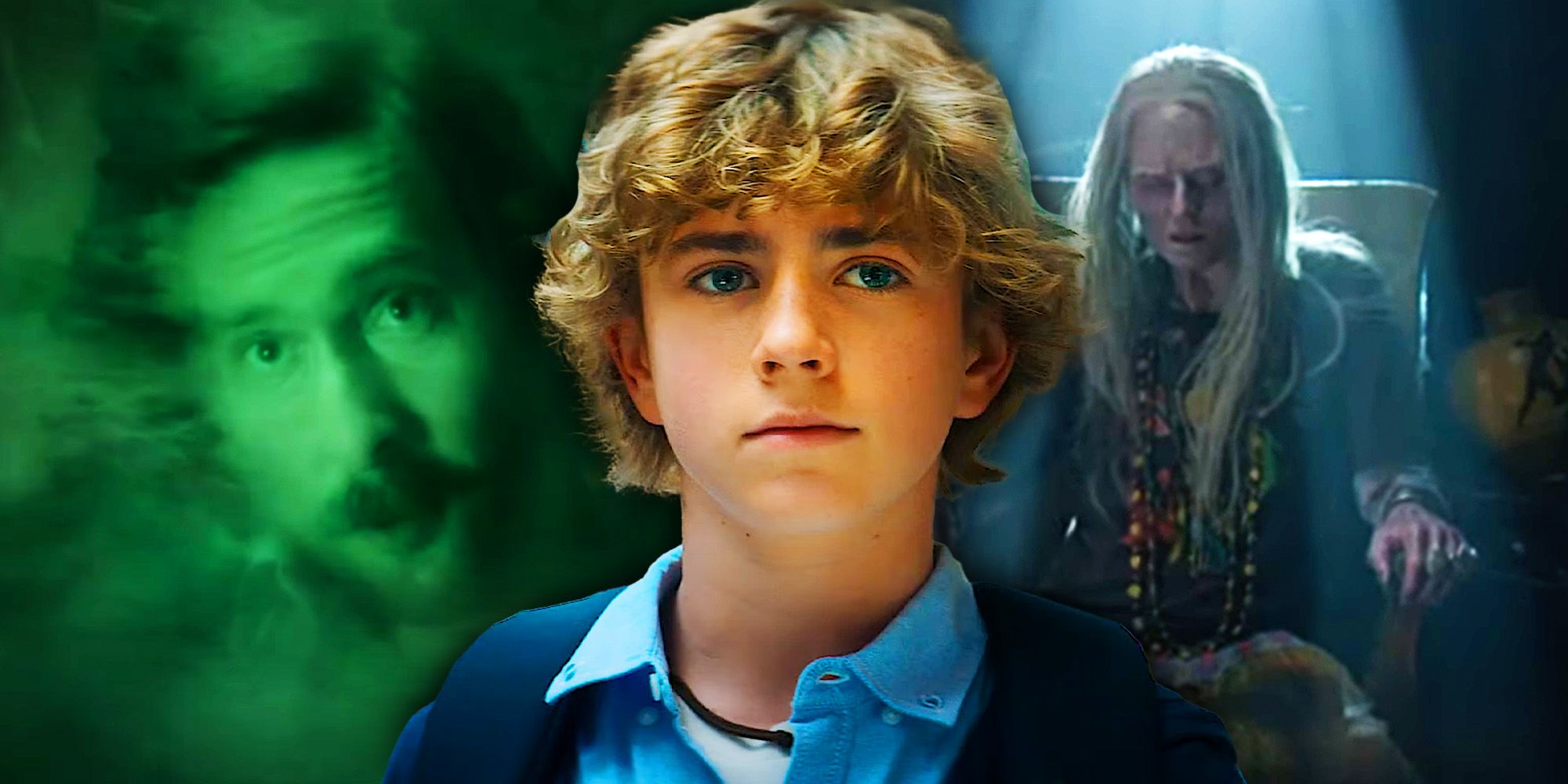 Walker Scobell as Percy Jackson in Percy Jackson & the Olympians in front of an image of Timm Sharp as Gabe in green smoke and the Oracle of Delphi
