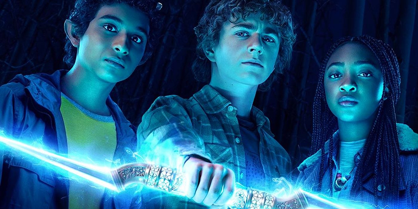 The poster for Percy Jackson and the Olympians showing Percy holding the master bolt next to Annabeth and Grover