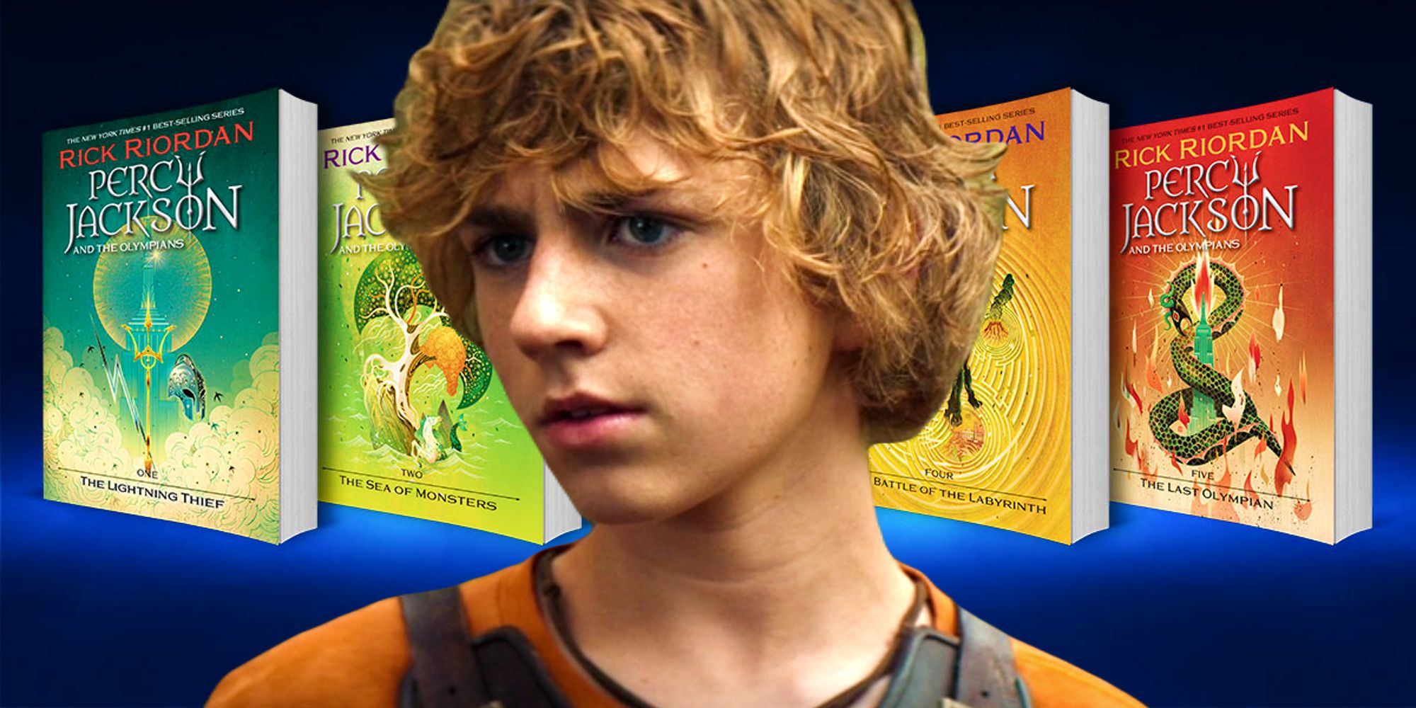 Walker Scobell as Percy Jackson from the Disney+ series above a line of the Percy Jackson books