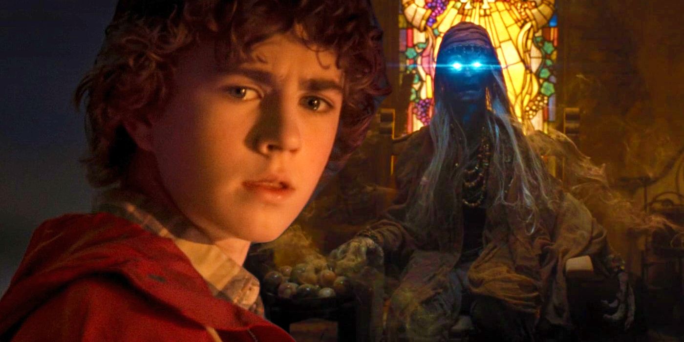 Walker Scobell as Percy Jackson next to the Oracle of Delphi from the Percy Jackson movies