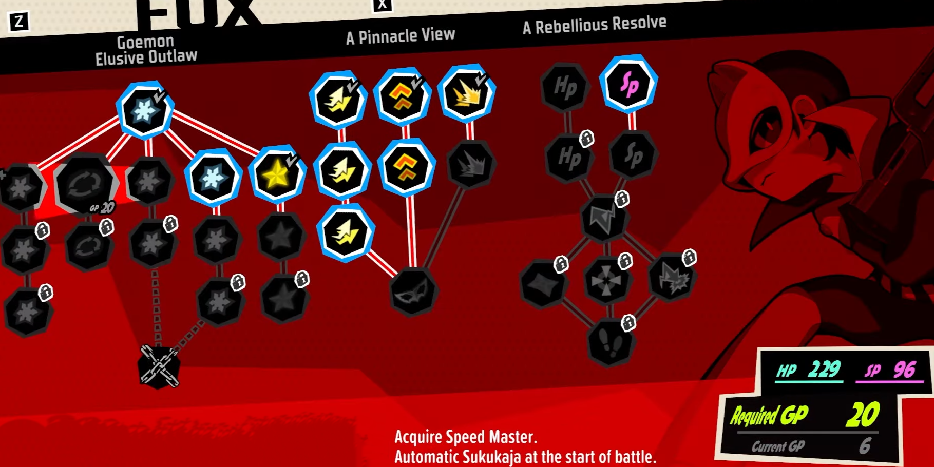 Persona 5 Tactica Fox's Skill Tree showing the Speed Master Skill which gives an Auto-Masuku.
