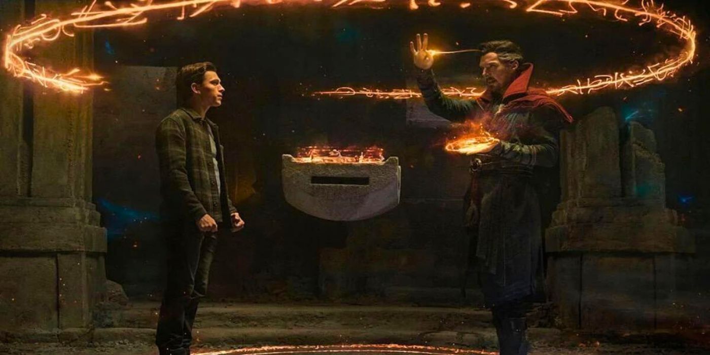 Peter Parker (Tom Holland) and Doctor Strange (Benedict Cumberbatch) doing the memory wipe spell in Spider-Man No Way Home