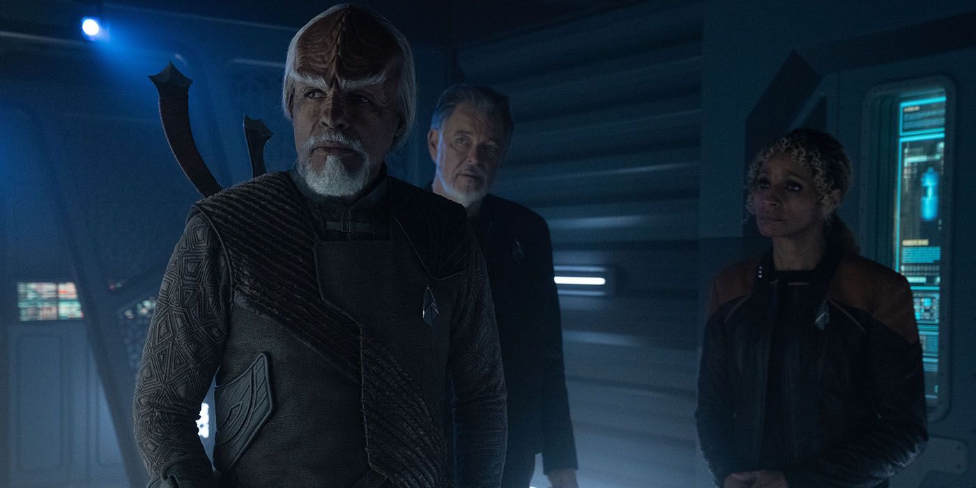Worf, Raffi Musiker, and Will Riker on Daystrom Station in Picard season 3