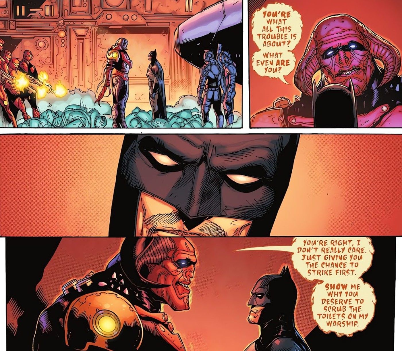 Comic book panels: Pink Alien Captain Synn Confronts Batman