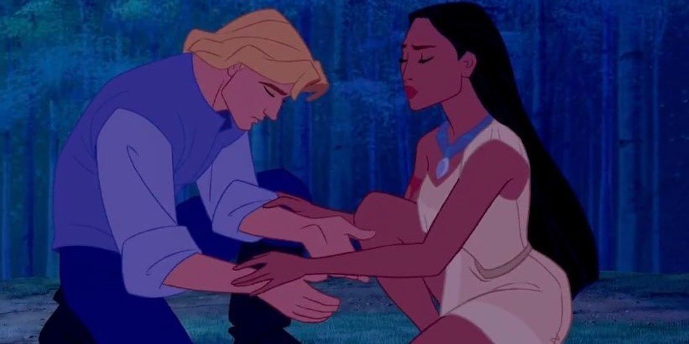 Pocahontas and John Smith kneeling with one another outside
