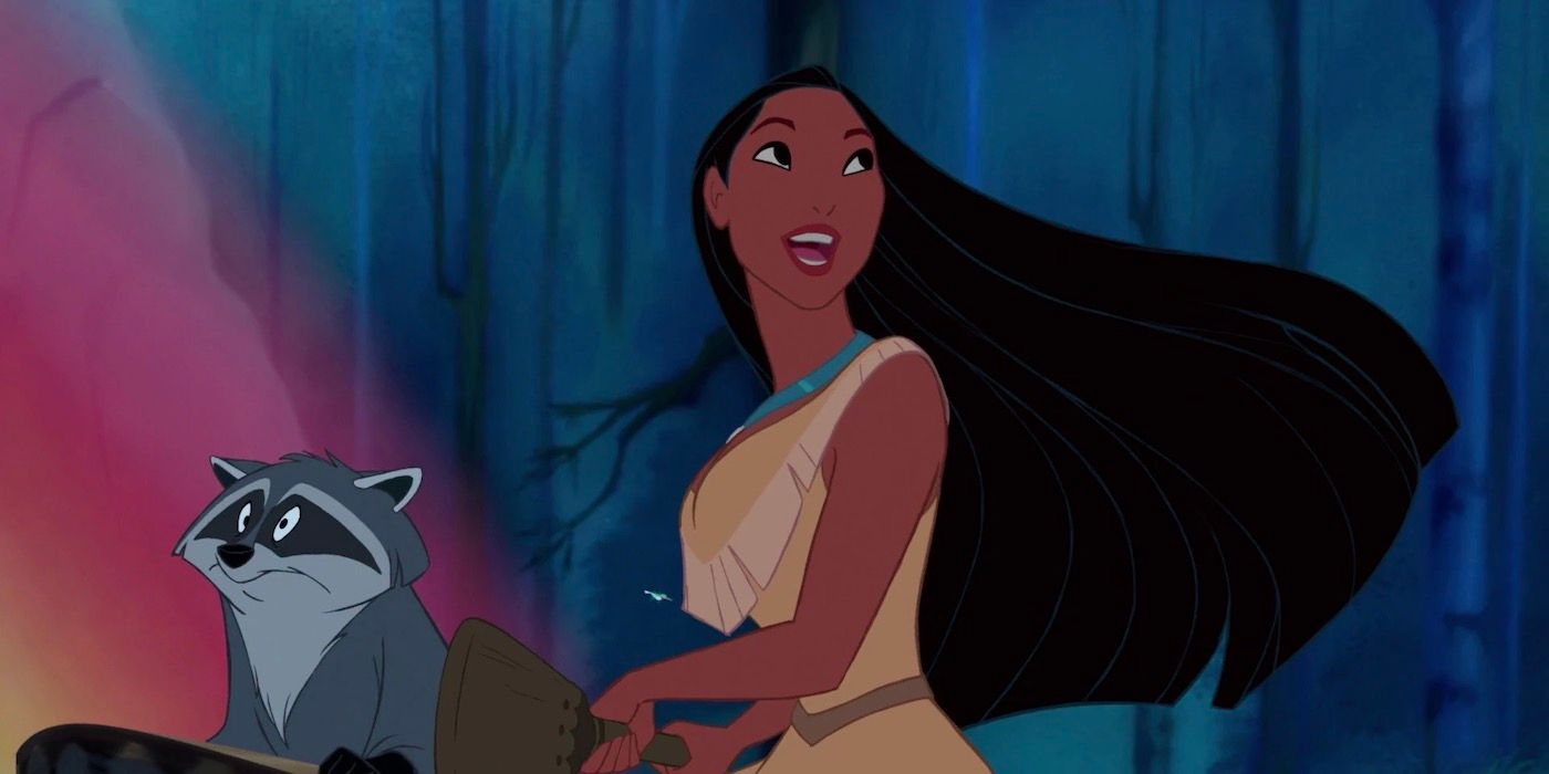 Pocahontas paddling a canoe with a racoon in Pocahontas.