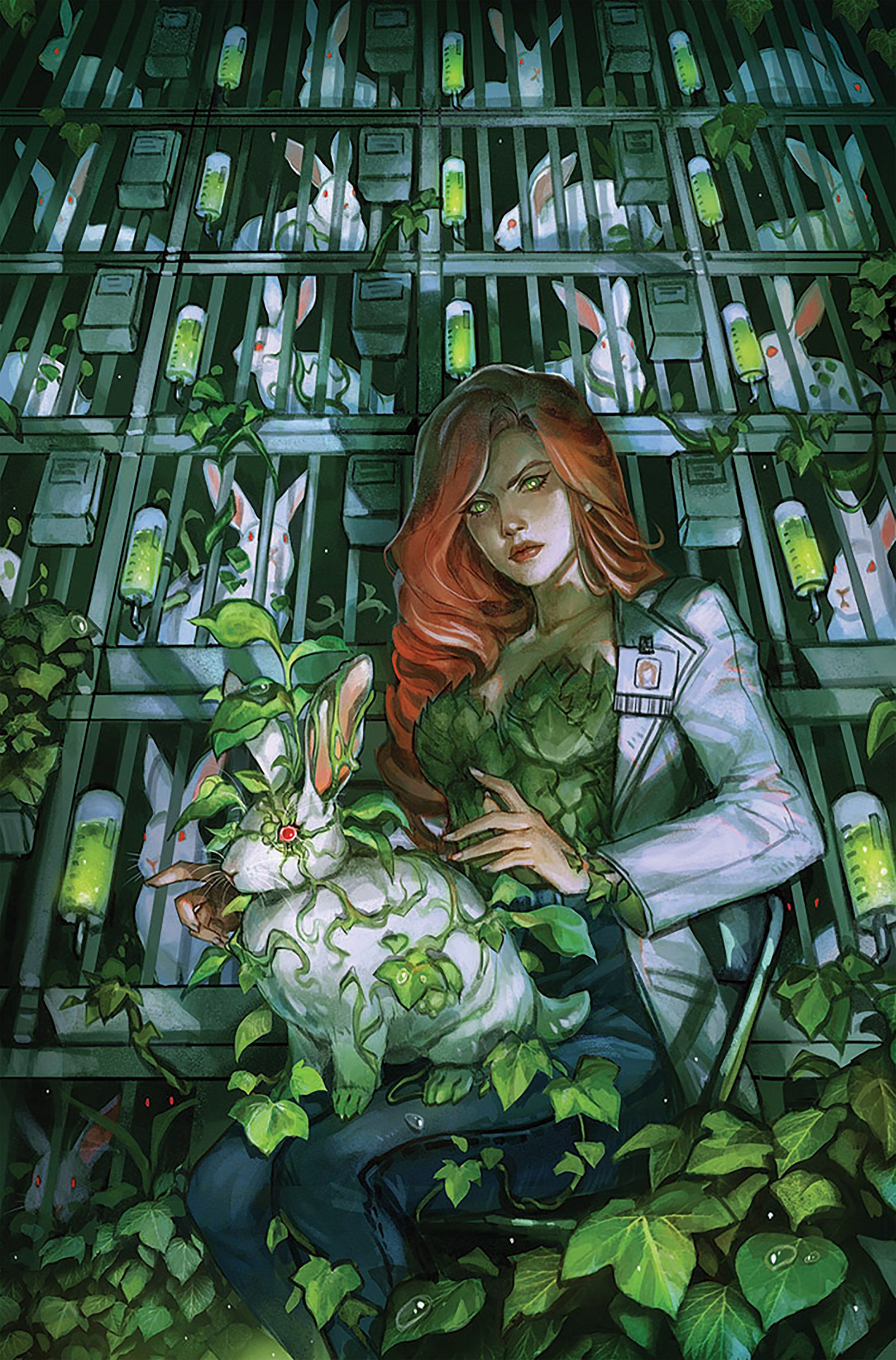 Poison Ivy 20 Main Cover: A red haired woman in a lab coat holding a rabbit covered in vines.