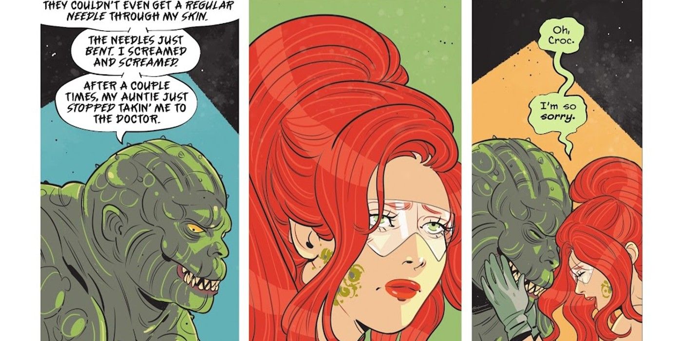 Comic book panels: Poison Ivy consoles Killer Croc