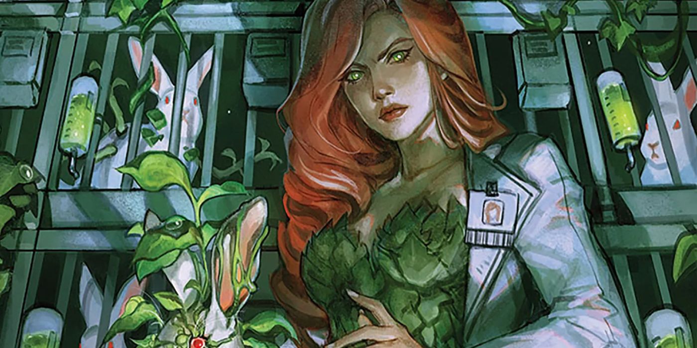 Poison Ivy usando seus poderes para cultivar plantas em uma instalação de testes em animais.