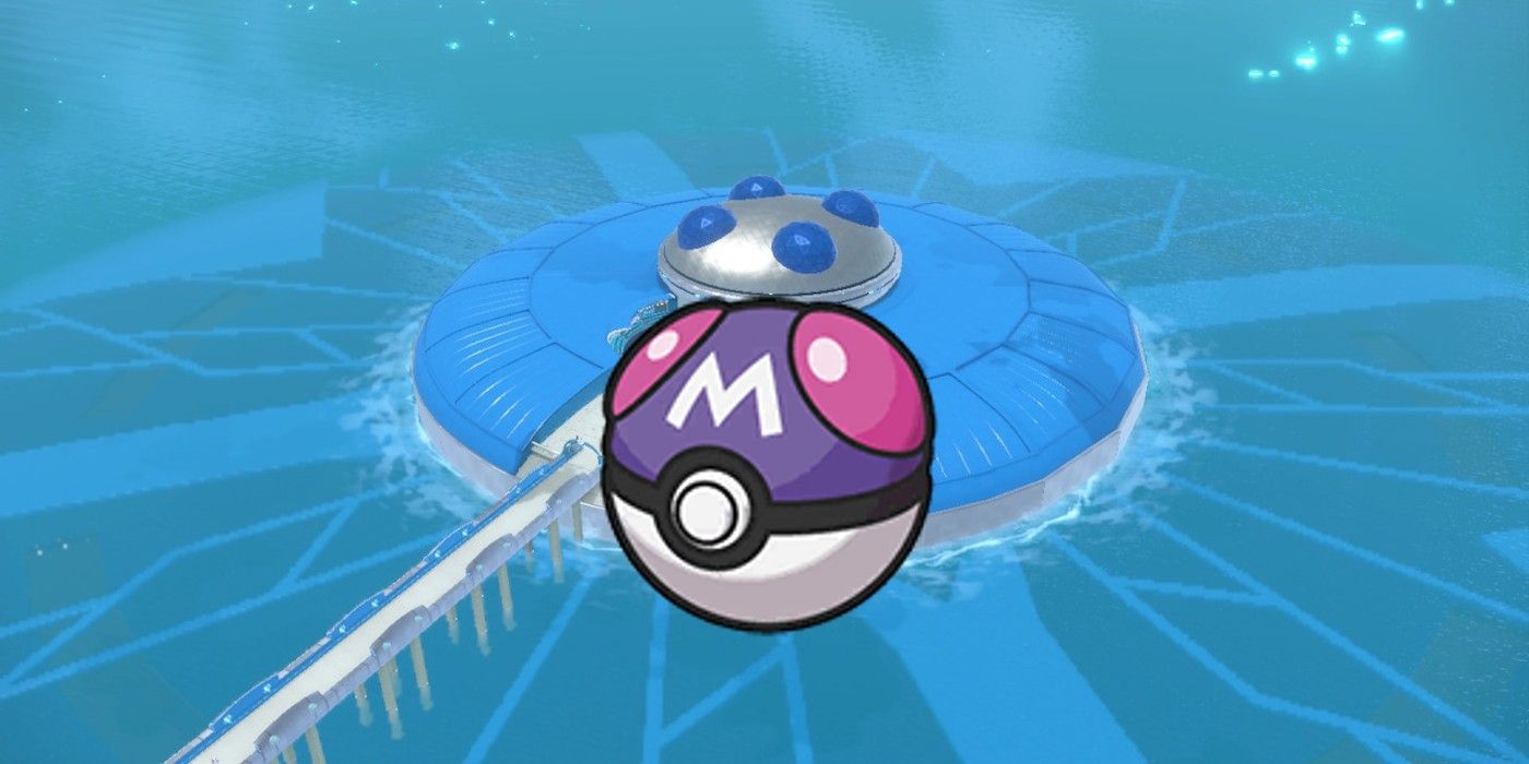 Artwork of a Master Ball in front of Pokémon Scarlet and Violet's Blueberry Academy.