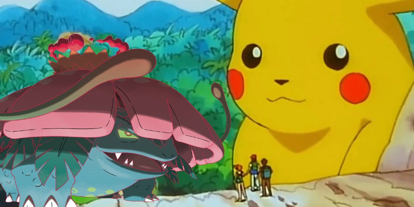Gigantamax Venusaur in composite image with Giant Pikachu from Pokemon Indigo League “Island of the Giant Pokemon”