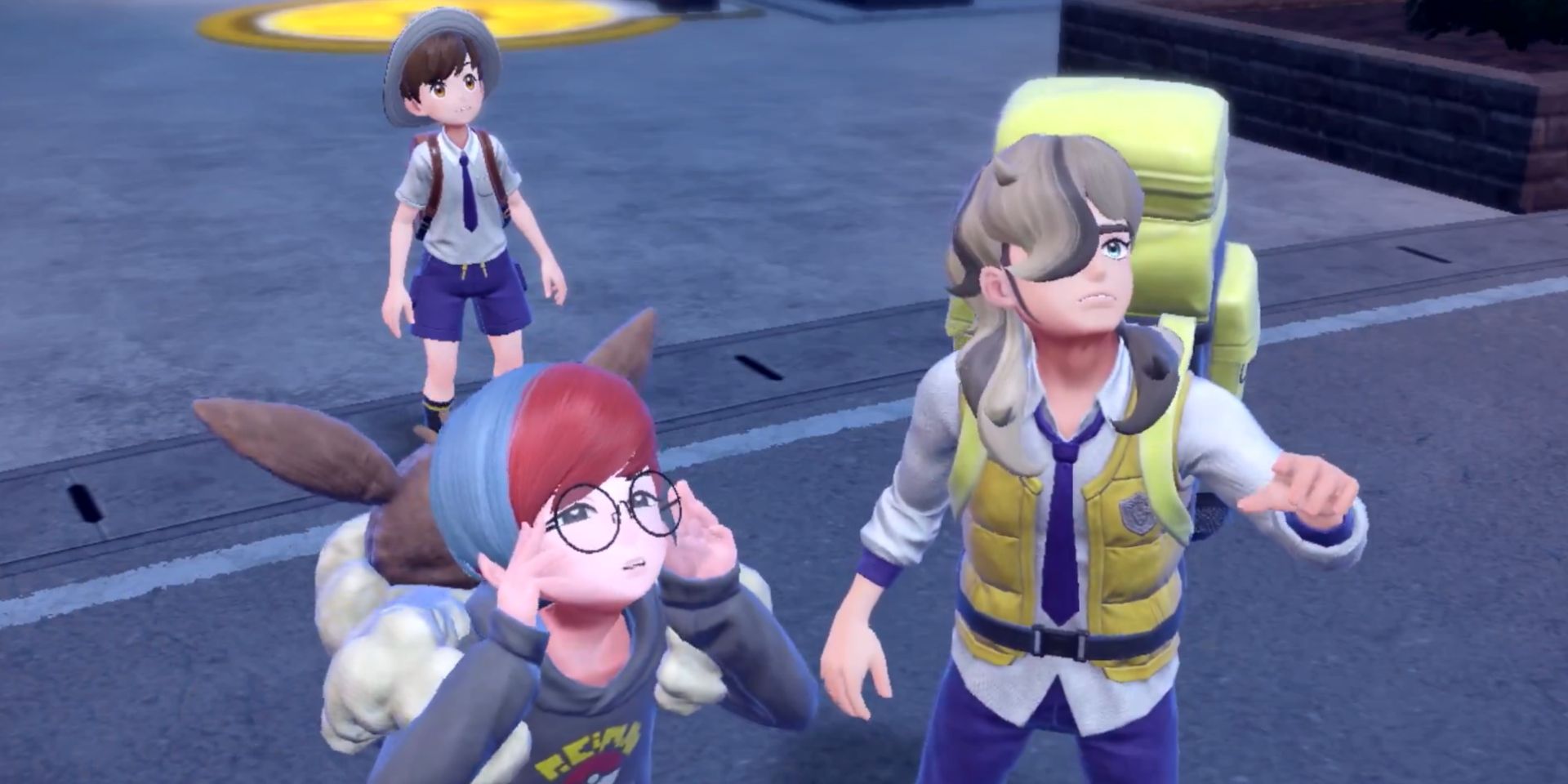 Penny, Arwen, and the player character look toward something in the distance in a screenshot from Pokemon Scarlet and Violet: The Hidden Treasure of Area Zero’s epilogue.