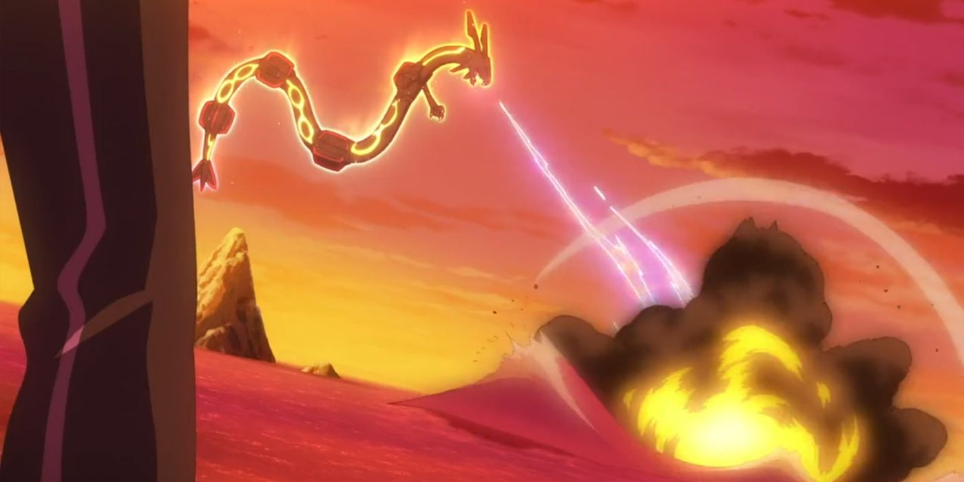Pokemon Horizons: Rayquaza repeatedly attacks Ceruledge after it's down.