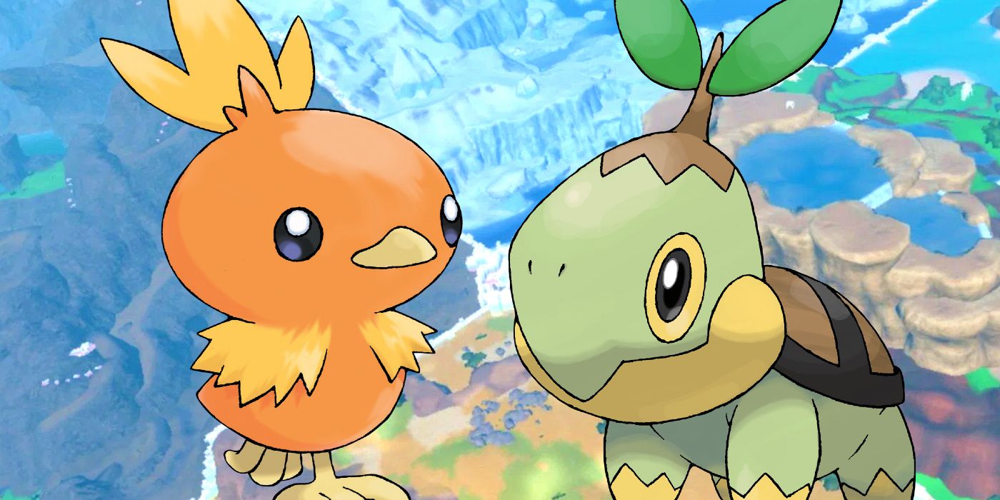 Arte de dois Pokémon, um Torchic e um Turtwig, diante de uma vista aérea de uma paisagem dividida igualmente em quatro biomas.