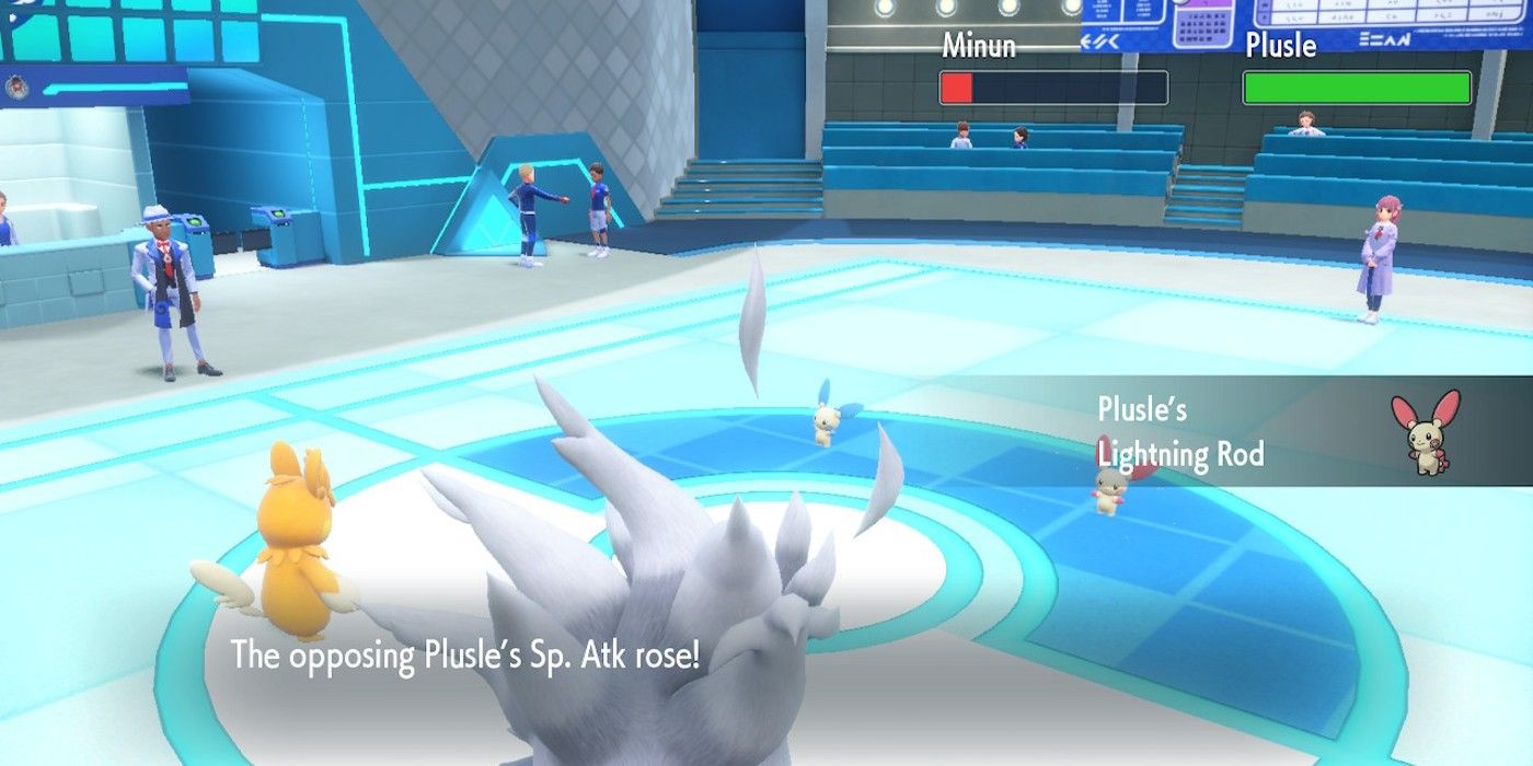 Lacey’s Plusle’s Lightning Rod Ability activates during a Double Battle in Pokémon Scarlet and Violet’s Indigo Disk DLC.