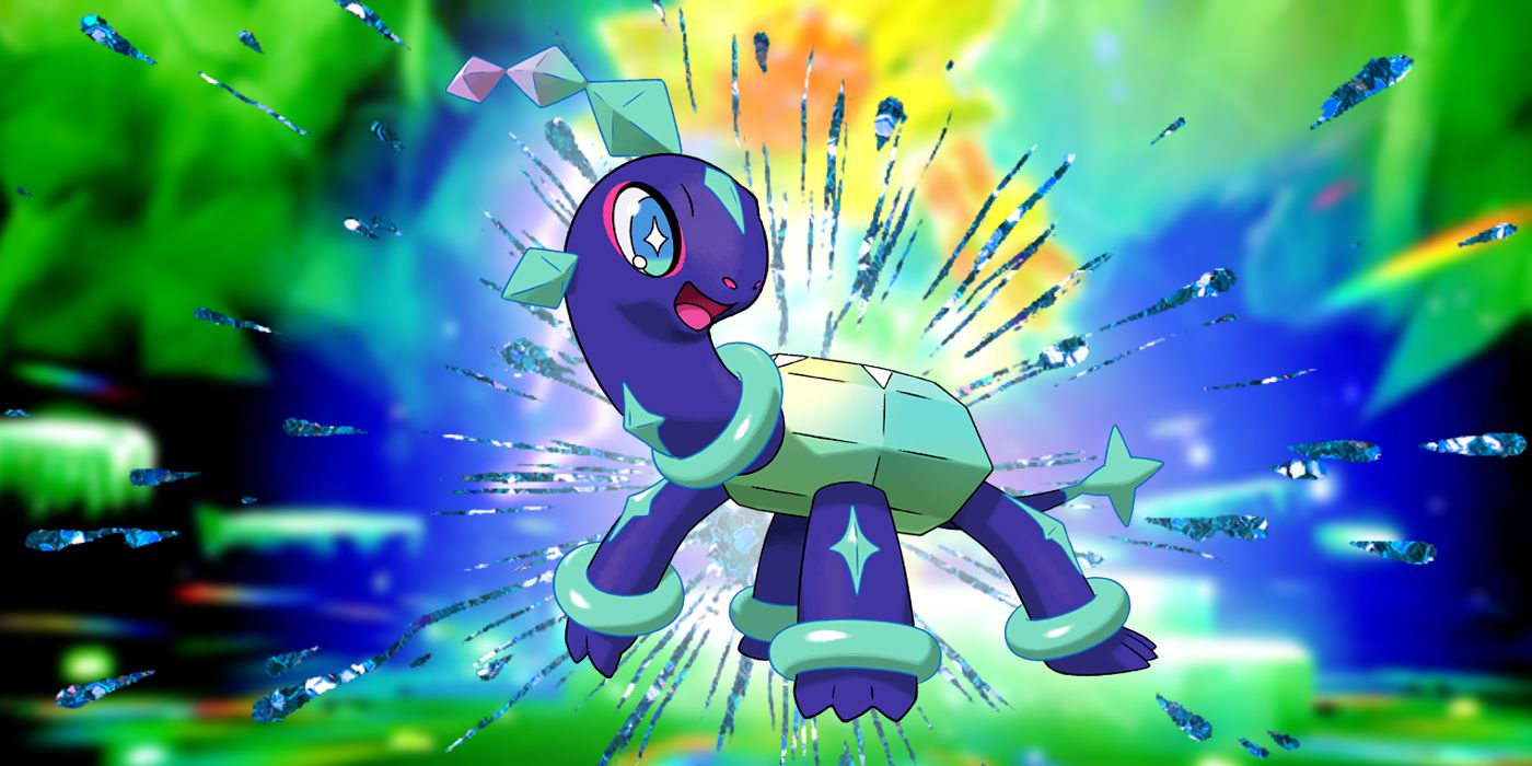 Pokemon's Terapagos smiles as a crystal explosion occurs behind it.