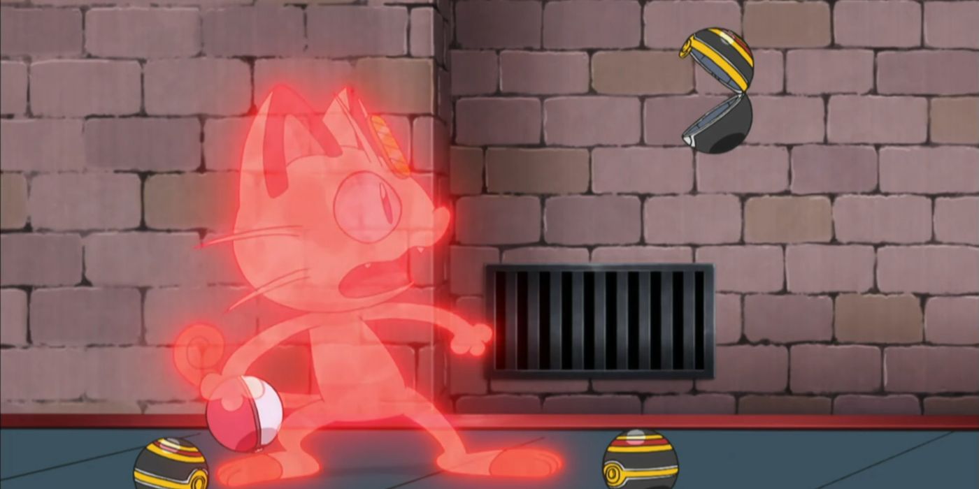 Pokemon: Meowth is caught in a Luxury Ball.