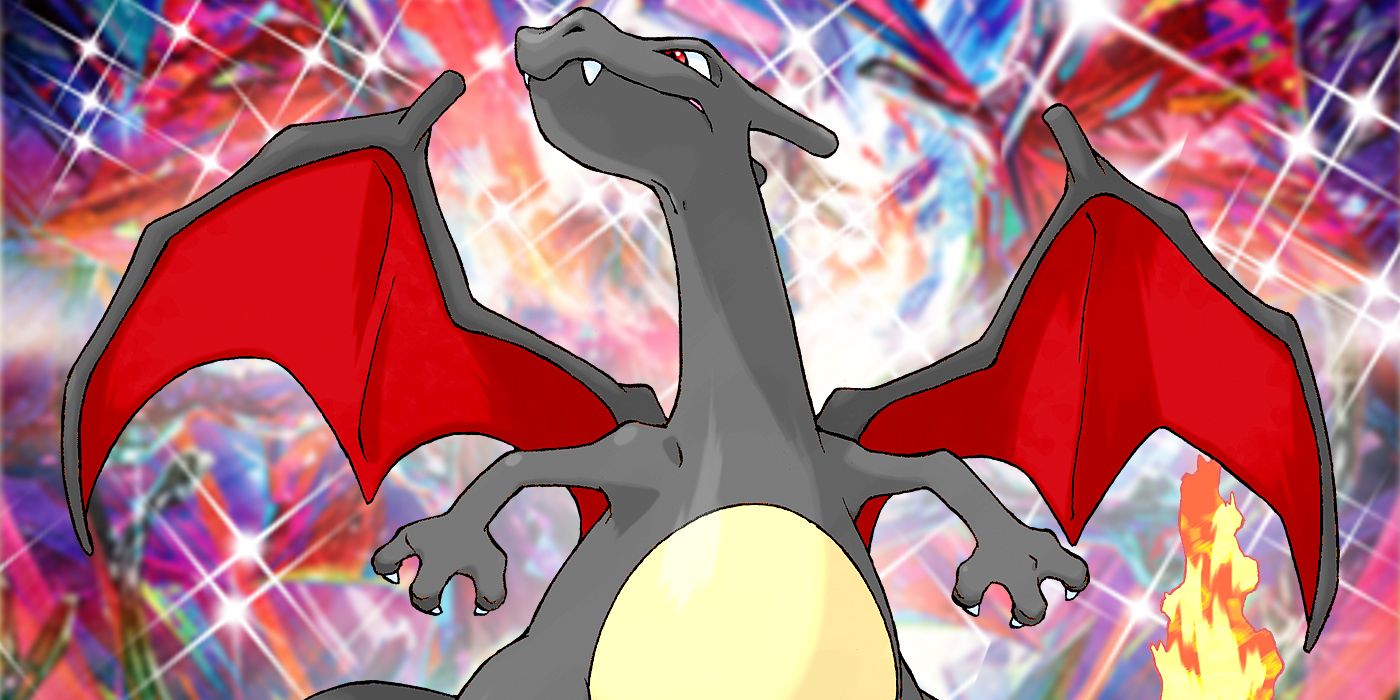 A Shiny Charizard poses with sparkles behind it.
