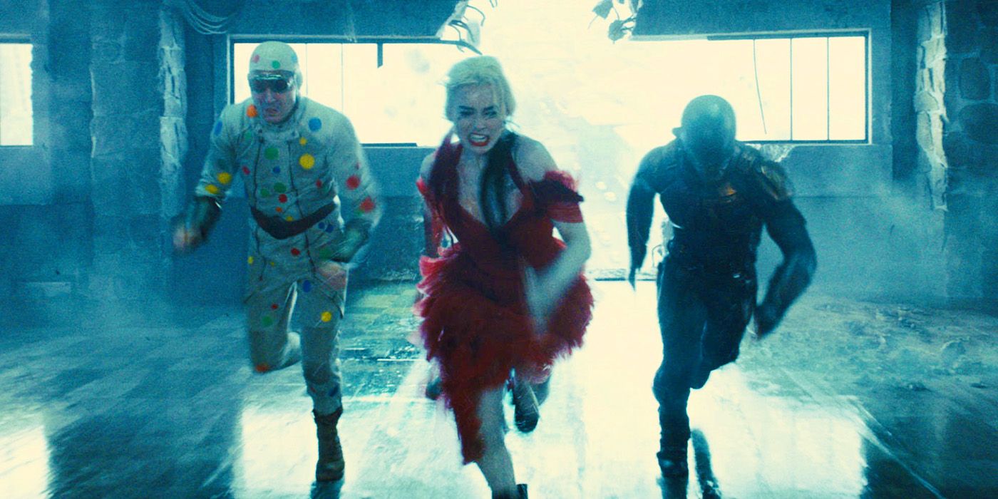 Polka Dot Man, Harley Quinn and Bloodsport running from Jotunheim explosion in The Suicide Squad
