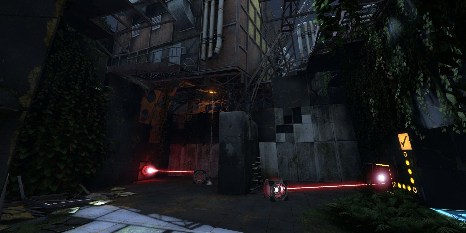 A laser cube in Portal Revolution activating a receptor to trigger a puzzle mechanic.