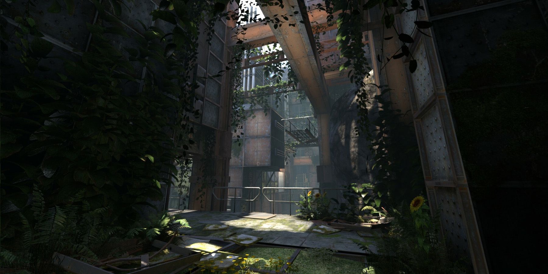 Light streaming down into an overgrown facility in Portal Revolution.