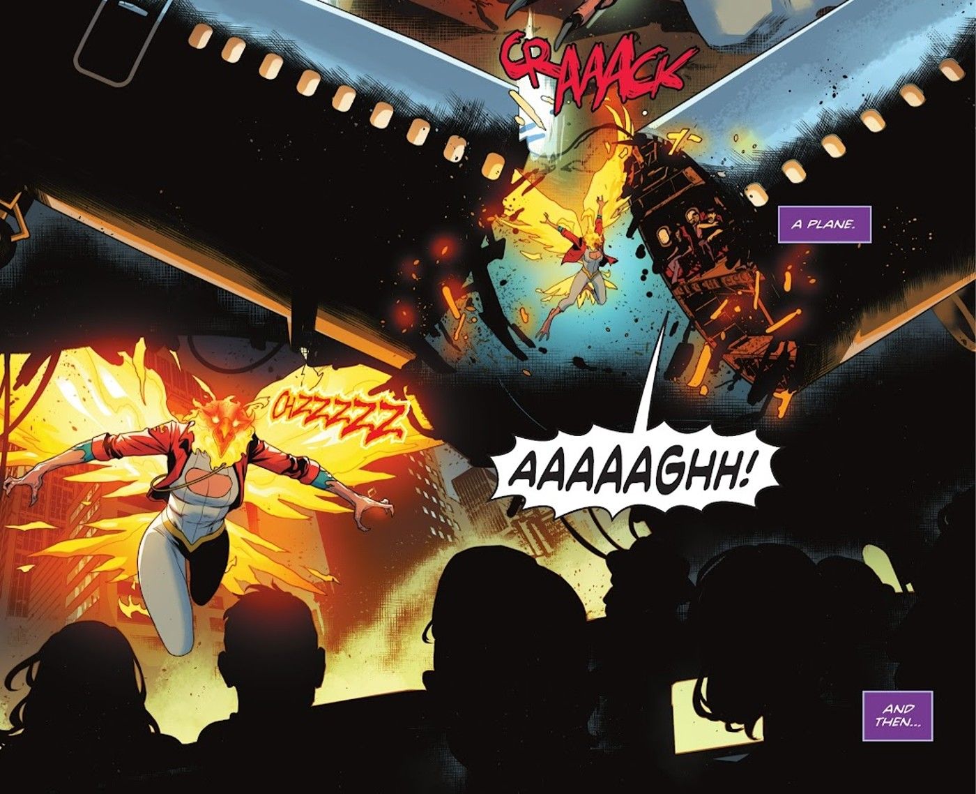 Comic book panels: Power Girl in a flaming bird beast form splits a plane.