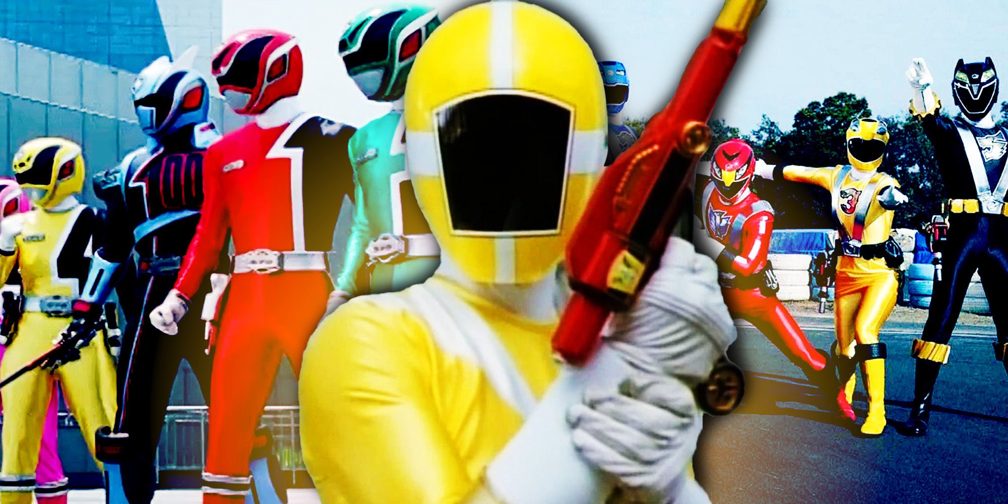 The core Power Rangers SPD Rangers, the Lightspeed Yellow Ranger, and the core RPM Rangers