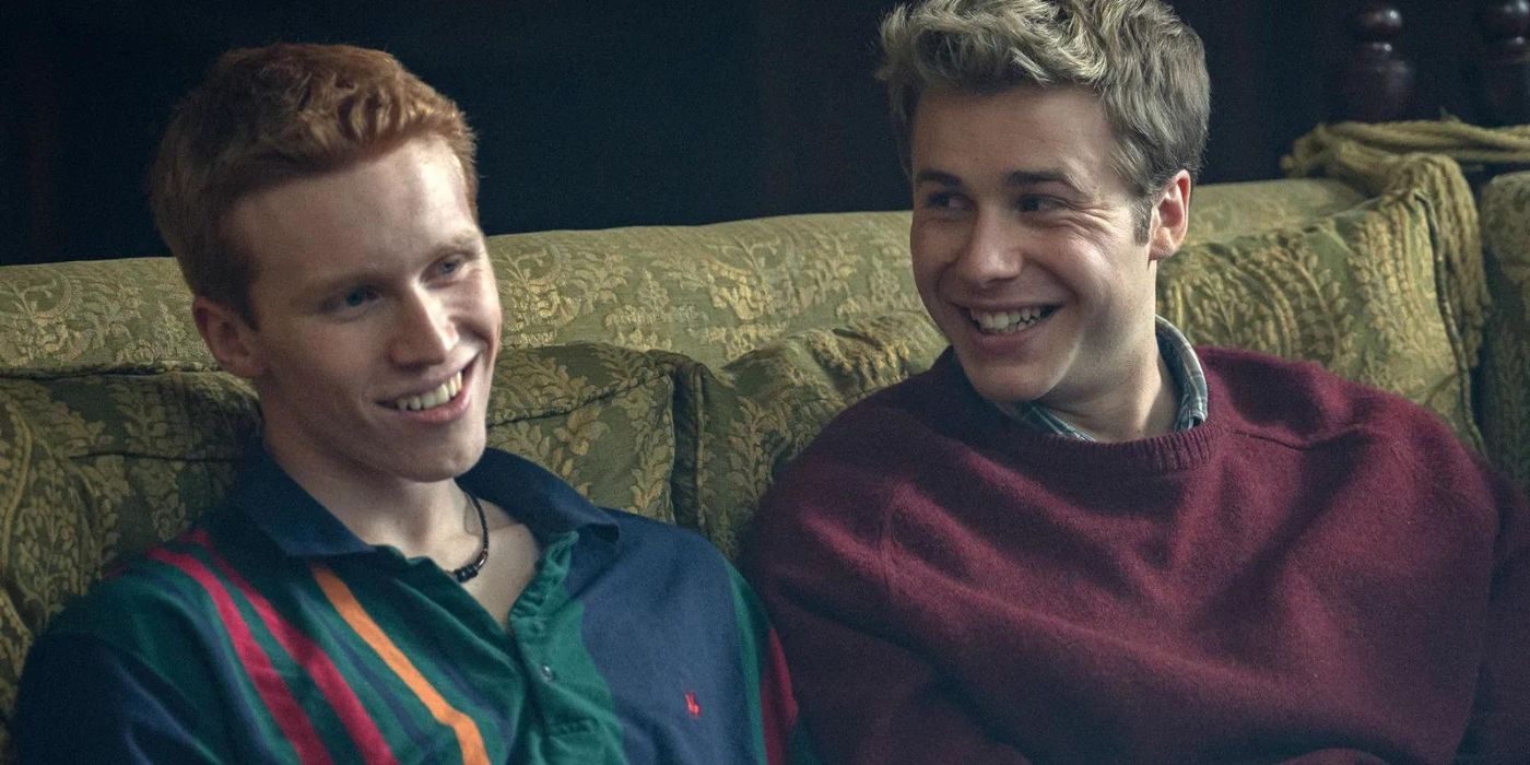 Prince William (Ed McVey) and Harry (Luther Ford) laughing in The Crown
