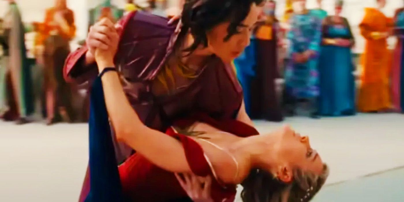Prince Yan and Carol Danvers singing and dancing in The Marvels