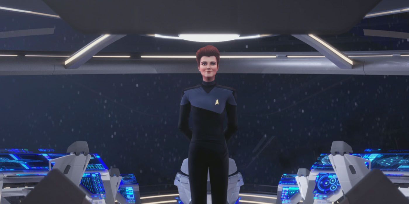 Hologram Janeway stands alone on the Protostar Bridge