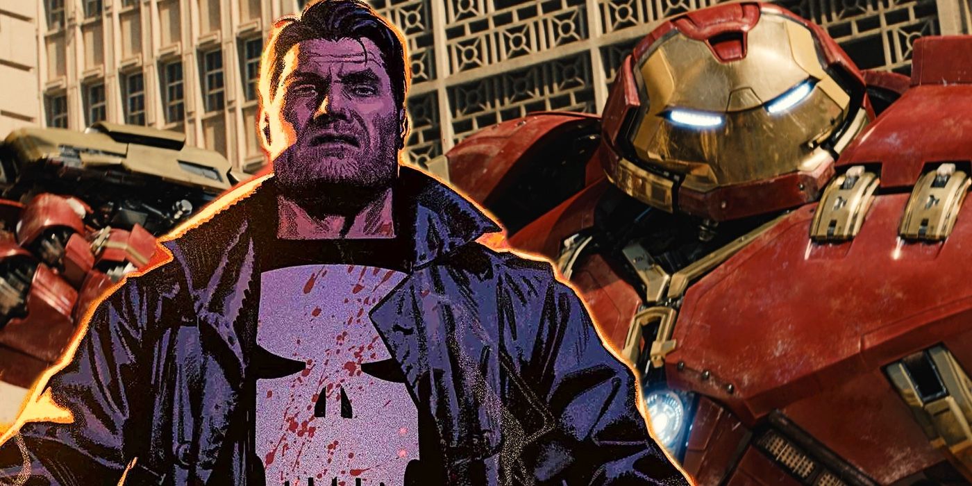 Punisher standing in front of the MCU's Hulkbuster armor