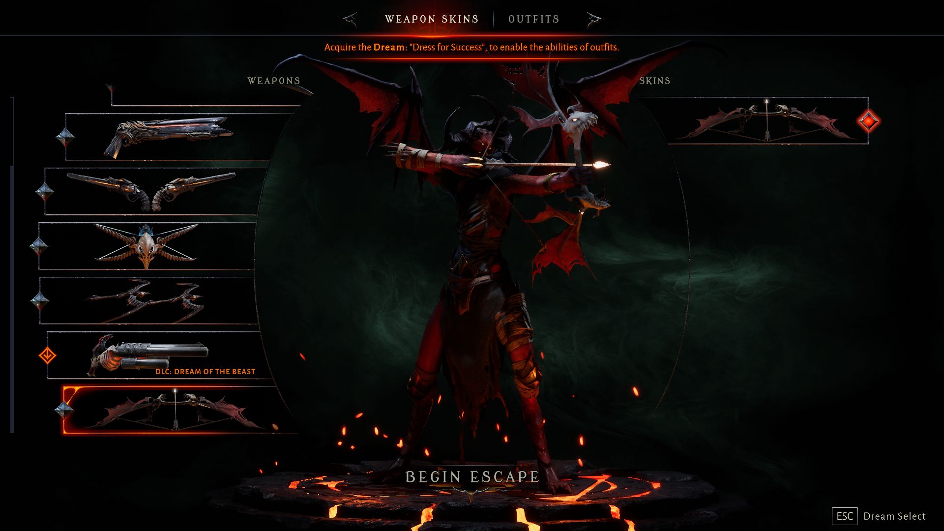 Screenshot from Metal Hellsinger loadout menu shows Unknown drawing a bow and arrow while standing on a fiery platform.