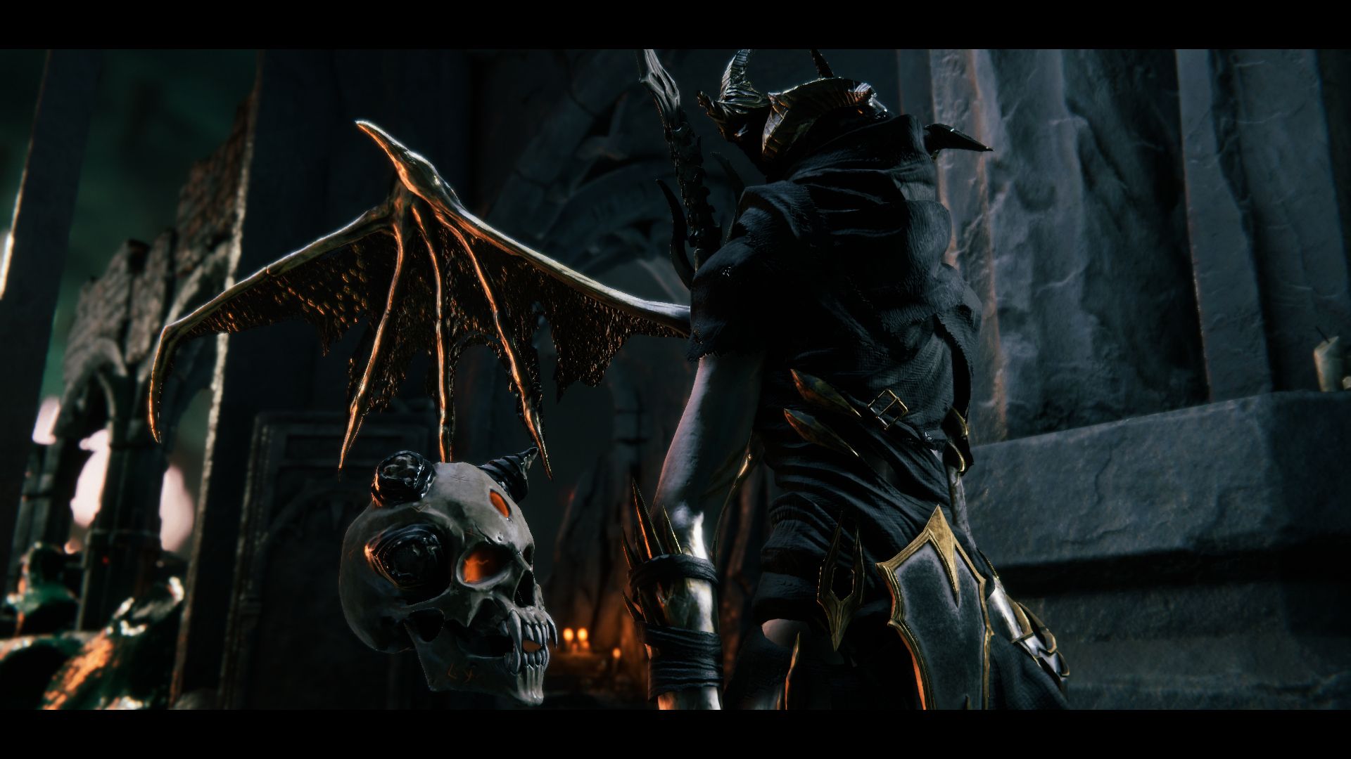 Screenshot shows Metal Hellsinger main character standing next to the floating skull named Paz while they are surrounded by stone ruins.